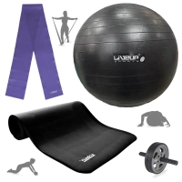 Kit Bola Pilates Preta 65 Cm + Bomba Inflar+ Tapete 1,80 M+ Rodinha Abdominal+ Faixa Elstica Media
