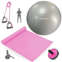 Kit Bola Pilates Cinza 85cm + Tapete 1,73m + Rodinha Abdominal+ El�stico Extensor Leve+ Bomba Inflar