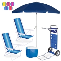 Kit Guarda-sol Articulado 2,50 M Manivela + 2 Cadeiras Praia + Carrinho Avano + Coller 18 L Piscina