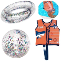 Kit Colete Infantil Laranja Tamanho M/G + Bola e Boia Inflvel com Glitter