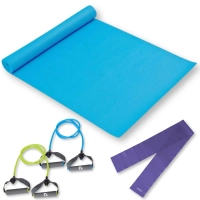 Kit com 2 Extensores Forte e Mdio + Colchonete Tapete Yoga + Faixa Elstica Mdia Treino