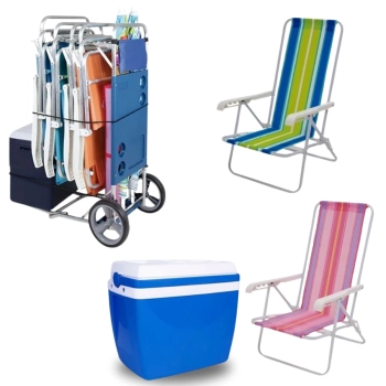 Kit Carrinho de Praia com Avano + 2 Cadeiras 4 Posies em Aluminio + Caixa Trmica 34 Litros