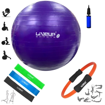 Kit Bola Pilates 55cm + Mini Bomba + Arco de Pilates + 3 Faixas Elsticas Mdia Forte Extra Forte