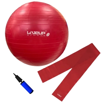 Kit Bola Sua 45cm Pilates Yoga Academia Treino + Mini Bomba + Faixa Elstica Leve Vermelha