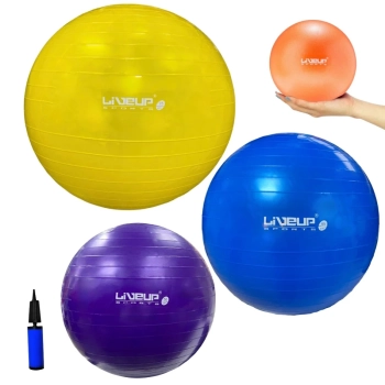 Kit com 3 Bolas Suias 55cm + 65cm + 75cm + Overball + Mini Bomba para Pilates Yoga Exercicios