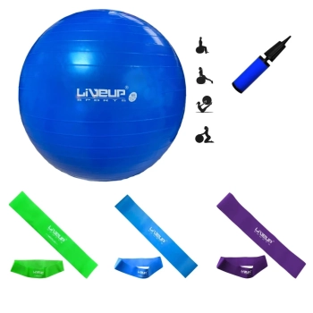 Kit 3 Mini Bands Tenso Mdia + Forte + Super Forte + Bola Sua 65 Cm + Mini Bomba Yoga Treino
