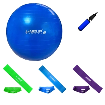 Kit 3 Mini Bands Tenso Mdia + Forte + Super Forte + Bola Sua 65 Cm + Mini Bomba Yoga Treino