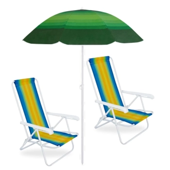 Kit 2 Cadeiras de Praia Reclinvel 4 Posies Ao + Guarda-sol Fps 70 1,50 M Piscina Parque