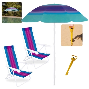 Kit 2 Cadeiras de Praia Reclinvel 4 Posies + Guarda Sol Fps 70 1,50m + Saca Areia Suporte Piscina