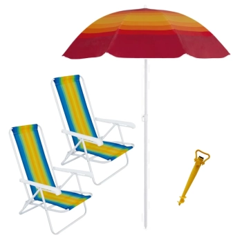 Kit 2 Cadeiras de Praia Reclinvel 4 Posies + Guarda Sol Fps 70 1,50m + Saca Areia Suporte Piscina