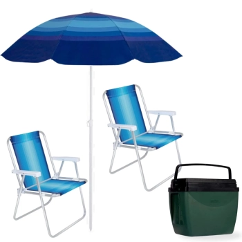 Kit Guarda Sol Fps 70 1,50 M + 2 Cadeiras de Praia Alumnio + Caixa Trmica 34 L Verde Pesca Camping