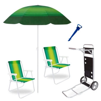 Kit Carrinho de Praia com Avano + 2 Cadeiras de Praia + Guarda Sol Fps 70 1,50m + Saca Areia Jardim
