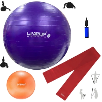 Kit Pilates Bola Sua 55cm Roxa + Overball 25cm + Faixa Elstica Leve + Mini Bomba Yoga Treinamento