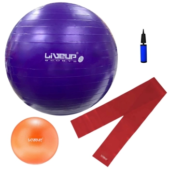 Kit Pilates Bola Sua 55cm Roxa + Overball 25cm + Faixa Elstica Leve + Mini Bomba Yoga Treinamento