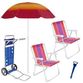 Kit Carrinho Praia Avano + Guarda Sol Fps 70 1,50 M + 2 Cadeiras de Praia Alta Alumnio+ Saca Areia