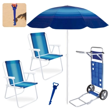 Kit Carrinho de Praia com Avano + Guarda Sol + 2 Cadeiras de Ao + Saca Areia