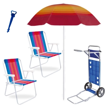 Kit Carrinho de Praia com Avano + Guarda Sol + 2 Cadeiras de Ao + Saca Areia