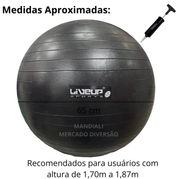 Bola Suia de Pilates Premium Anti Estouro 65 Cm Preta + Mini Bomba Treino Academia Yoga Exercicios