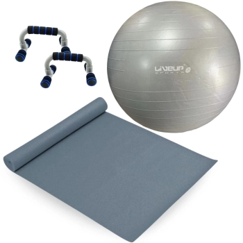Kit Bola Sua Premium Yoga Cinza 85cm + Apoios para Flexo + Colchonete 1,73m + Bomba Inflar Treino