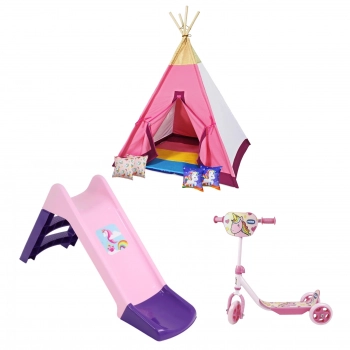 Kit Cabana Infantil com 4 Almofadas + Escorregador + Patinete Unicrnio Rosa