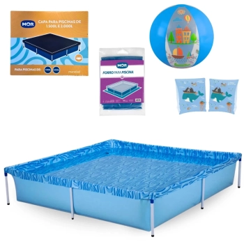 Kit Piscina 1500l + Capa e Forro Mor + Bola + Boias de Brao Coloridas