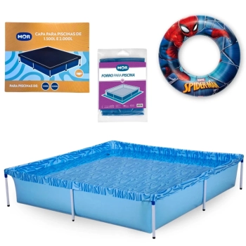 Kit Piscina Quadrada 1500 L + Capa e Forro Mor + Boia Inflvel Homem-aranha