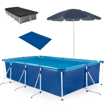 Kit Piscina 6200 Litros Premium + Capa + Forro + Guarda Sol Azul Escuro 1,60m