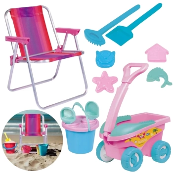 Kit Cadeira de Praia Infantil Rosa + Baldinho, Pazinha, Rastelo Brinquedo de Areia