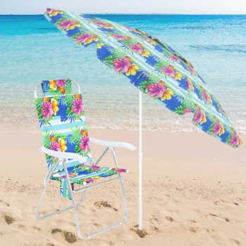 Kit para Praia Floral Guarda-sol 2,40 M + Cadeira Dobrvel