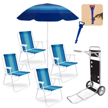 Kit Carrinho de Praia com Avano + 4 Cadeiras de Praia + Guarda Sol e Saca Areia
