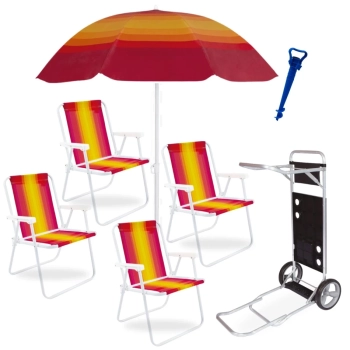 Kit Carrinho de Praia com Avano + 4 Cadeiras de Praia + Guarda Sol e Saca Areia