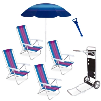 Kit Praia 4 Cadeiras Alumnio + Carrinho com Avano + Saca Areia + Guarda Sol Fps 70 1,50 M Piscina