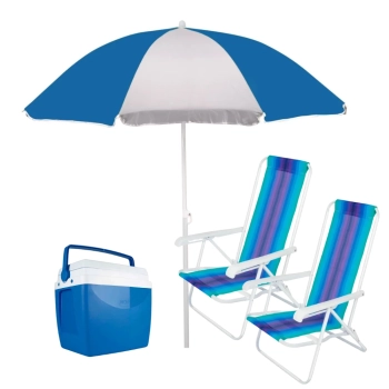 Kit 2 Cadeiras de Praia + Guarda-sol Branco e Azul + Caixa Trmica 26 L