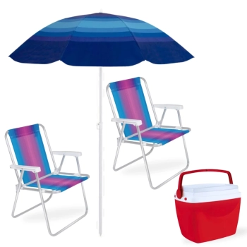 Kit Praia Guarda Sol Fps 70 1,50 M + 2 Cadeiras Alta Alumnio + Caixa Trmica Vermelha 26 L Piscina