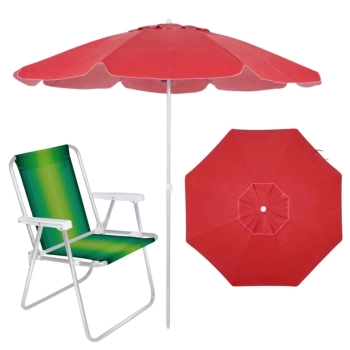 Kit Guarda Sol Vermelho 2 M + Uma Cadeira de Praia / Estruturas em Aluminio