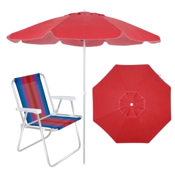 Kit Guarda Sol Vermelho 2 M + Uma Cadeira de Praia / Estruturas em Aluminio