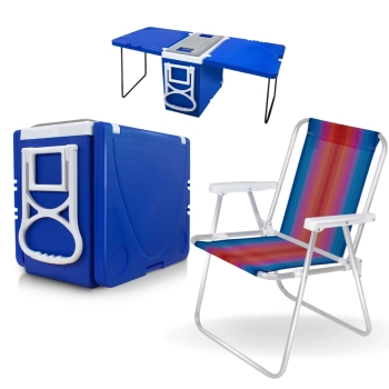 Mercado Diversão : Kit Cooler 32 L com Rodas Vira 2 Mesas 3 em 1 + Cadeira  Alumínio Praia / Pesca