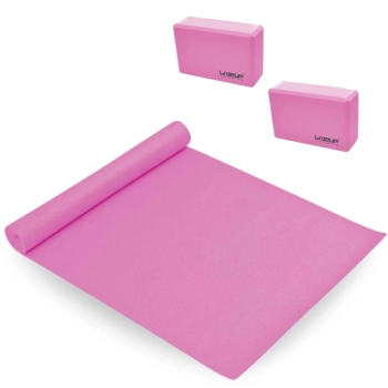 Kit Colchonete Tapete para Yoga Pilates + 2 Blocos na Cor Rosa Treino Exercicios