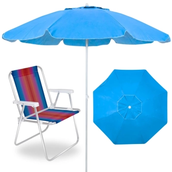 Kit Guarda Sol Azul Bahia 2 M Bagum e Aluminio + Cadeira de Praia Colorida em Aluminio