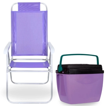 Kit Caixa Trmica Roxa Cooler 26 L + Cadeira de Praia Lils Prosa 4 Posies