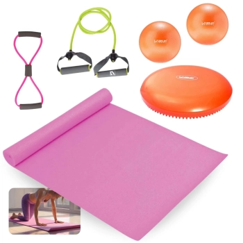 Kit Colchonete Rosa + 2 Overball + Extensor em 8 + Extensor Mdio com Ala + Disco de Equilbrio