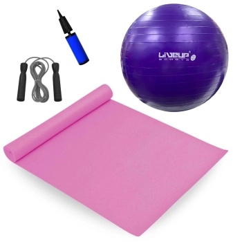 Kit Bola Pilates 55 Cm + Colchonete Eva Rosa Pilates + Corda de Pular com Rolamento + Mini Bomba