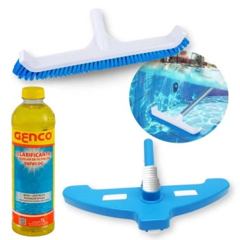 Kit Escova Curva 44 Cm + Aspirador Asa Delta 3 Rodas + Clarificante Decantador para Piscina Fibra e Alvenaria