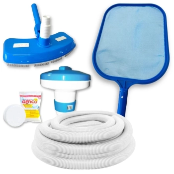 Kit Limpeza de Piscina Mangueira 4m 32mm + Aspirador + Peneira + Pastilha de Cloro + Mini Flutuador