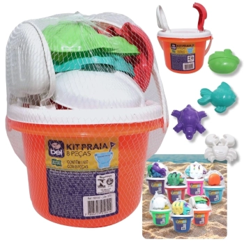 Kit Cadeira de Praia Infantil Azul + Baldinho de Praia com 8 Peas em Cores Sortidas