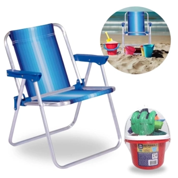 Kit Cadeira de Praia Infantil Azul + Baldinho de Praia com 8 Peas em Cores Sortidas