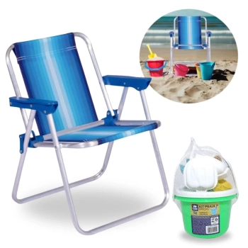 Kit Cadeira de Praia Infantil Azul + Baldinho de Praia com 8 Peas em Cores Sortidas