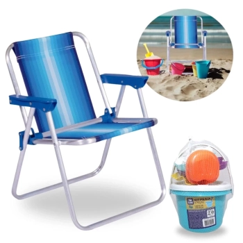 Kit Cadeira de Praia Infantil Azul + Baldinho de Praia com 8 Peas em Cores Sortidas