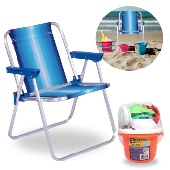 Kit Cadeira de Praia Infantil Azul + Baldinho de Praia com 8 Peas em Cores Sortidas