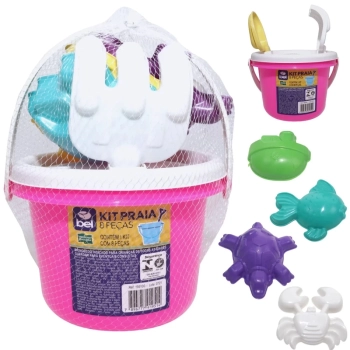 Kit Bola Pula Pula 60 Cm Rosa com Ala + Baldinho de Praia com 8 Peas em Cores Sortidas